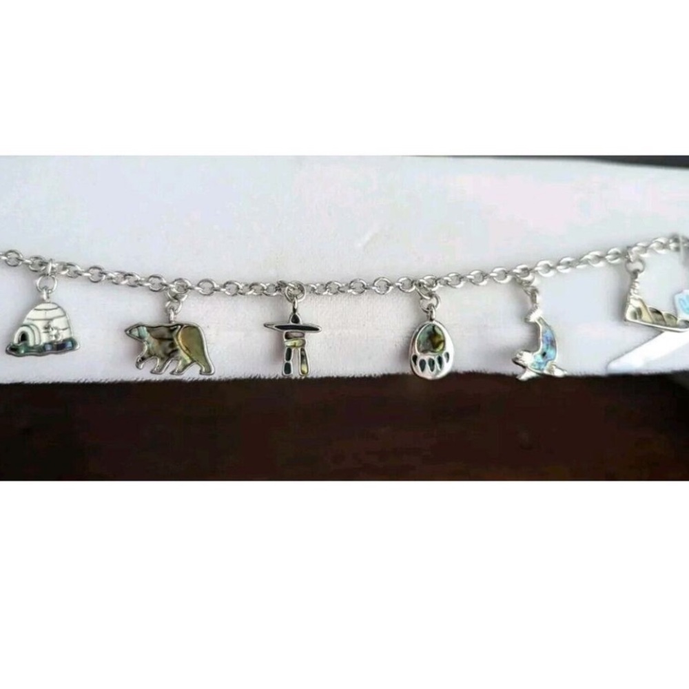 Vtg Storrs Glacier Pearl Abalone Animal Charm Bracelet Alaska Bear Igloo Silver